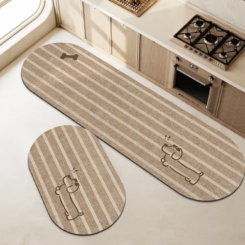 PEIHUODAN Diatom Schlamm Fußmatte 2 Set Waschbar Schnelltrocknend rutschfest Küchenteppich Badezimmer Bodenmatte Braun Haustier Katze Hund Print Läufer Langer Teppich (Farbe 2,50x80cm+50x160cm) von PEIHUODAN