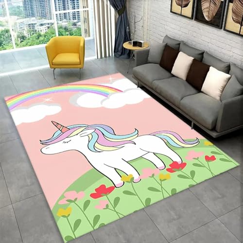 PEIHUODAN Einhorn Kinderteppich Mädchenzimmer - Rosa Flanell Teppich Anti-Rutsch rutschfest Waschbar Weich & Kuschelig Weich Für Mädchenzimmer Kinderzimmer Deko (Farbe 5,140x200cm) von PEIHUODAN