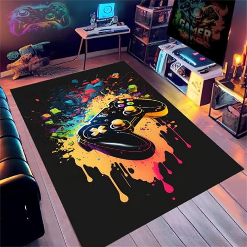 PEIHUODAN Gamer Teppich Jugendzimmer Jungen mit Neon Gaming Controller-Design – Flanelle Anti-Rutsch Teppich für Gaming Zimmer, Kinderzimmer Jungs & Coole Teenager-Deko (Orange,160x230cm) von PEIHUODAN