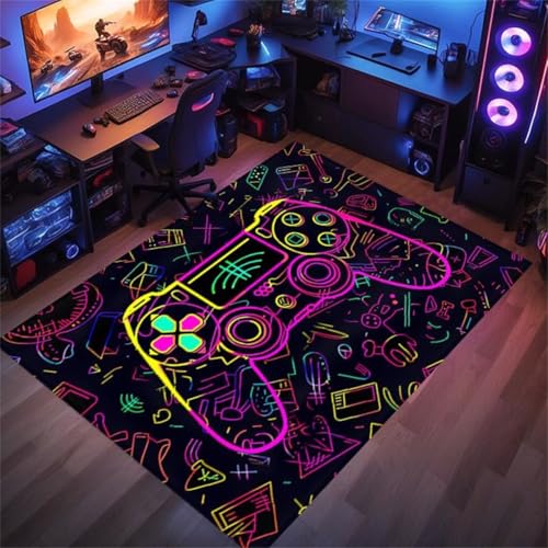 PEIHUODAN Gaming Bereich Teppich Teener Zimmer Home Decor Anime Cool Neon 3D Graffiti Gamepad Gedruckter Teppich Doppelt Gamer Spiel-Teppich Fürs Jugendzimmer Wohnzimmer Sofa Teppich (Lila,80x160cm) von PEIHUODAN