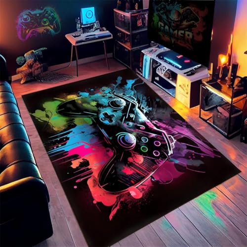 PEIHUODAN Gaming Bereich Teppich Teener Zimmer Home Decor Anime Cool Neon 3D Graffiti Gamepad Gedruckter Teppich Doppelt Gamer Spiel-Teppich Fürs Jugendzimmer Wohnzimmer Sofa Teppich (Rot,160x200cm) von PEIHUODAN
