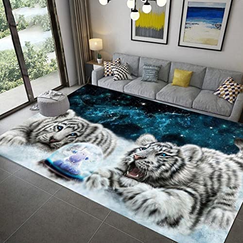 PEIHUODAN Home Area Rug Tiere 3D Blau Weiß Tiger Leopard Fantasy Sternenhimmel Wohnzimmer Teppich Kinderteppich Weiche rutschfeste Waschbare Fußmatte Spielmatte (Blau#1,100 x 120 cm) von PEIHUODAN