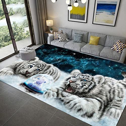 PEIHUODAN Home Area Rug Tiere 3D Blau Weiß Tiger Leopard Fantasy Sternenhimmel Wohnzimmer Teppich Kinderteppich Weiche rutschfeste Waschbare Fußmatte Spielmatte (Blau#1,80 x 120 cm) von PEIHUODAN