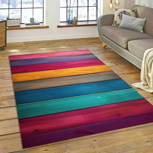 PEIHUODAN Mehrfarbiger 3D Teppich mit Holzmaserung, Weicher Flanellteppich für Wohnzimmer Schlafzimmer Arbeitszimmer Flur Badezimmer rutschfeste Waschbare Läufer-Bodenmatte (Color 3,100x150 cm) von PEIHUODAN