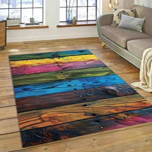 PEIHUODAN Mehrfarbiger 3D Teppich mit Holzmaserung, Weicher Flanellteppich für Wohnzimmer Schlafzimmer Arbeitszimmer Flur Badezimmer rutschfeste Waschbare Läufer-Bodenmatte (Color 4,140x200 cm) von PEIHUODAN