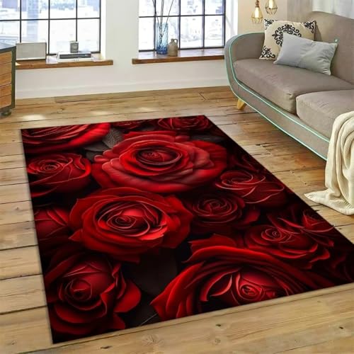 PEIHUODAN Moderne Rose Bereich Teppich, Blau-Rosa Botanical Rose Teppich, rutschfeste Dekorative Fußmatte Für Mädchen Frauen Zimmer Nachttisch Rug Für Wohnzimmer, Schlafzimmer (Farbe 1,160x230cm) von PEIHUODAN