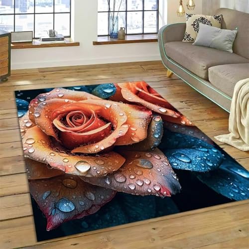 PEIHUODAN Moderne Rose Bereich Teppich, Blau-Rosa Botanical Rose Teppich, rutschfeste Dekorative Fußmatte Für Mädchen Frauen Zimmer Nachttisch Rug Für Wohnzimmer, Schlafzimmer (Farbe 2,50x80cm) von PEIHUODAN