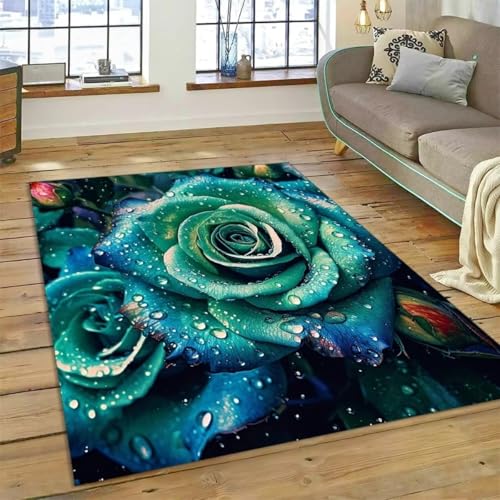 PEIHUODAN Moderne Rose Bereich Teppich, Blau-Rosa Botanical Rose Teppich, rutschfeste Dekorative Fußmatte Für Mädchen Frauen Zimmer Nachttisch Rug Für Wohnzimmer, Schlafzimmer (Farbe 3,80x120cm) von PEIHUODAN