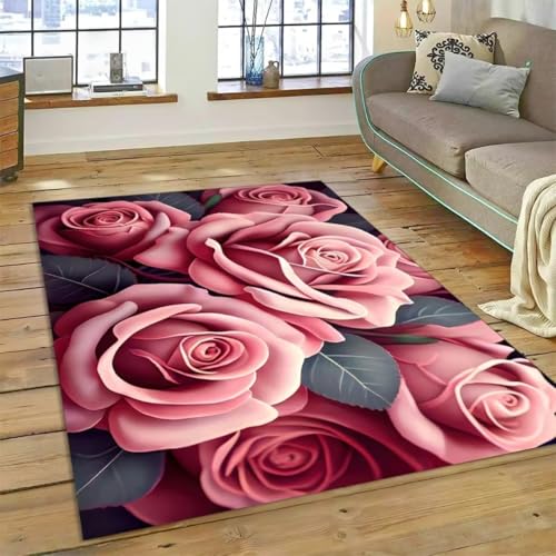 PEIHUODAN Moderne Rose Bereich Teppich, Blau-Rosa Botanical Rose Teppich, rutschfeste Dekorative Fußmatte Für Mädchen Frauen Zimmer Nachttisch Rug Für Wohnzimmer, Schlafzimmer (Farbe 4,100x150cm) von PEIHUODAN