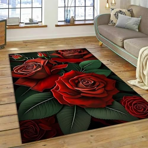 PEIHUODAN Moderne Rose Bereich Teppich, Blau-Rosa Botanical Rose Teppich, rutschfeste Dekorative Fußmatte Für Mädchen Frauen Zimmer Nachttisch Rug Für Wohnzimmer, Schlafzimmer (Farbe 5,160x200cm) von PEIHUODAN