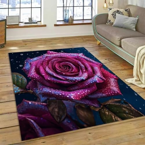 PEIHUODAN Moderne Rose Bereich Teppich, Blau-Rosa Botanical Rose Teppich, rutschfeste Dekorative Fußmatte Für Mädchen Frauen Zimmer Nachttisch Rug Für Wohnzimmer, Schlafzimmer (Farbe 6,140x200cm) von PEIHUODAN