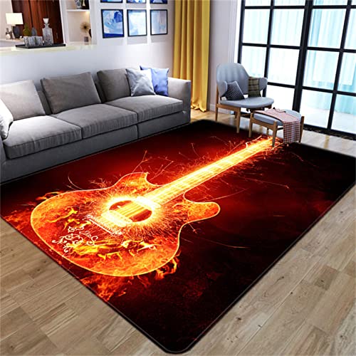 PEIHUODAN Musik Wohnzimmer Teppich Flamme Totenkopf Rock Gitarre Bereich Teppich Kinder Jungen Herren Schlafzimmer Teppich Läufer Yogamatte Korridor Küchenspüle Teppich Stuhlmatte (Farbe 3,80x160 cm) von PEIHUODAN