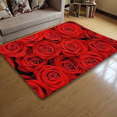 PEIHUODAN Pflanze Blumen 3D Innenbereich Teppich, Rote Rose Tropisch Grün Blatt Kurzflor Teppich für Wohnzimmer Schlafzimmer Badezimmer, Mädchen Frauen Teppich Yoga Matte Fußmatte (Rot,140x200 cm) von PEIHUODAN