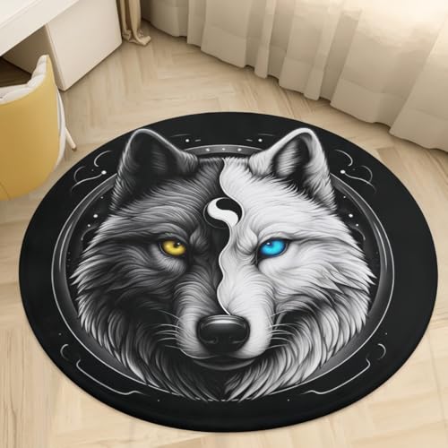 PEIHUODAN Runder Teppich Plüsch Flauschig Yin Yang Schwarz Weiß Wolf Cooler 3D Gaming Rugs für Jungen Teenager Schlafzimmer E-Sport-Raumdekoration, Rutschfester Teppich Wohnzimmer (Grau 1,80 cm) von PEIHUODAN