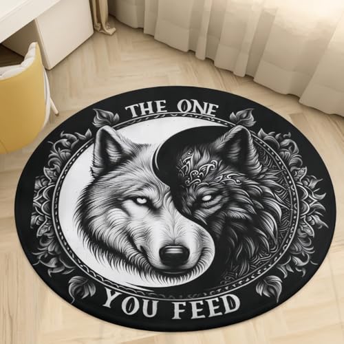 PEIHUODAN Runder Teppich Plüsch Flauschig Yin Yang Schwarz Weiß Wolf Cooler 3D Gaming Rugs für Jungen Teenager Schlafzimmer E-Sport-Raumdekoration, Rutschfester Teppich Wohnzimmer (Grau 4,160 cm) von PEIHUODAN