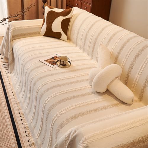 PEIHUODAN Sofa Handtuch, Reversible Sofas Decken, Anti-Kratz Für Haustiere, Beige Grün Schwarz Streifen Jacquard Sofabezüge Kombi-Sofabezug Geeignet Für Einzel-/Doppelsofas (Begin,180x180 cm) von PEIHUODAN