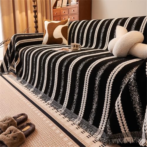 PEIHUODAN Sofa Handtuch, Reversible Sofas Decken, Anti-Kratz Für Haustiere, Beige Grün Schwarz Streifen Jacquard Sofabezüge Kombi-Sofabezug Geeignet Für Einzel-/Doppelsofas (Black,180x260 cm) von PEIHUODAN