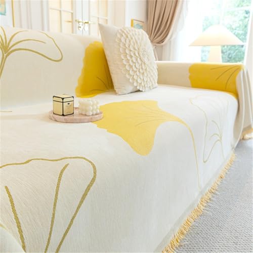 PEIHUODAN Sofahandtuch, Decke, Tagesdecke, Staubgeschütztes Handtuch, Ginkgo-Blatt Pastoral Style Dekorative Blank, Chenille Sofa Nap Blanket, Camping Decken, Sofa Cover (Yellow,180x260 cm) von PEIHUODAN