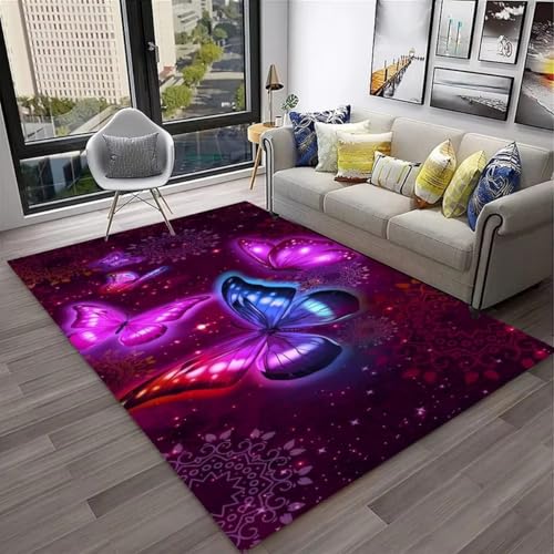 PEIHUODAN Starlight Butterfly Lila Mädchen Spielteppich Flanell Weich Fantasie-Schmetterlings Blumenmuster Großer Teppich für Wohnzimmer Schlafzimmer Spielzimmer, Nachttischläufer (Color 2,80x120 cm) von PEIHUODAN