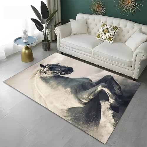 PEIHUODAN Teppich Mit Tiermotiv, Wild Stallion Weißer Thousand-Mile Horse-Teppich, Moderne Fußmatte Für Jugend- Kinderzimmer, Weicher Rutschfester Wohnzimmerteppich Jungenzimmer (Farbe 4,50x80cm) von PEIHUODAN
