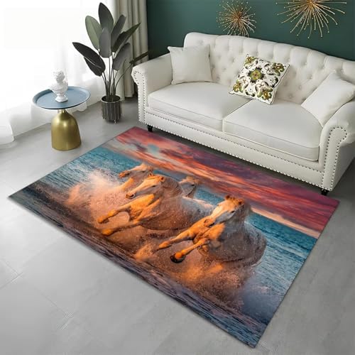 PEIHUODAN Teppich Mit Tiermotiv, Wild Stallion Weißer Thousand-Mile Horse-Teppich, Moderne Fußmatte Für Jugend- Kinderzimmer, Weicher Rutschfester Wohnzimmerteppich Jungenzimmer (Farbe 6,120x180cm) von PEIHUODAN