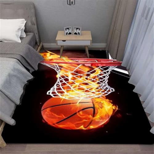 PEIHUODAN Teppiche Für Das Nachttischgebiet in Kinder-Jugendzimmern, Atemberaubende 3D-Flammen-Basketball-Modell-Teppiche, Teppiche Für Wohnzimmer, Weiche Bodenmatten Jungenzimmer (Farbe 6,160x200cm) von PEIHUODAN