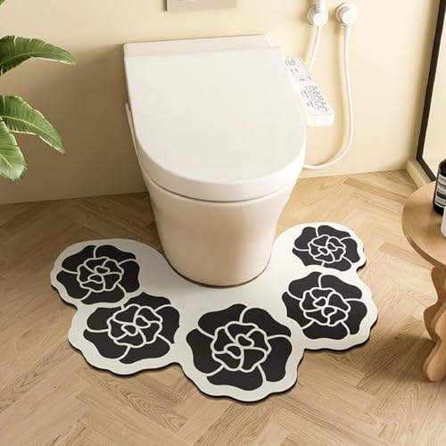 PEIHUODAN U-Förmige Toilettenmatte – Badezimmerteppich Mit Blumenmuster, Schnelltrocknende Und rutschfeste Toilettenmatte Aus Kieselgur, Saugfähig Und Waschbar (Schwarz,40x63cm) von PEIHUODAN
