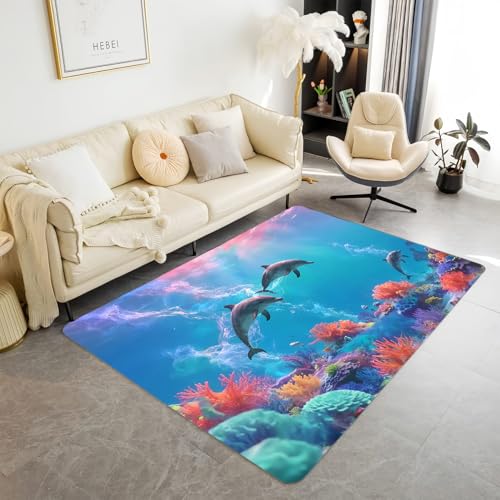 PEIHUODAN Unterwasserwelt 3D Delphin Blau Teppich für Kinderzimmer Weiche rutschfeste Moderne Dekoration Große Spiel Bodenmatte Teppich Schlafzimmer Wohnzimmer, Badematte, Läufer, 50x80 cm, Color 2 von PEIHUODAN