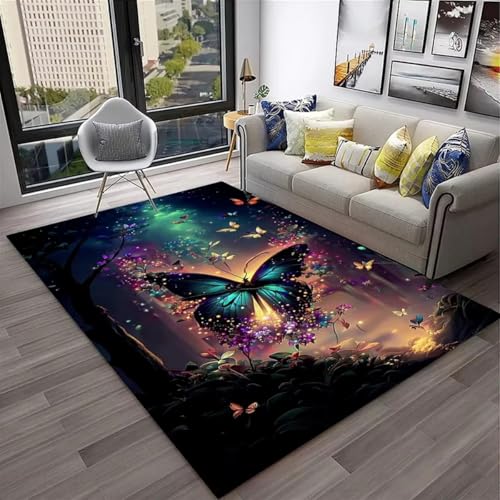 PEIHUODAN Visuelles Spiel Dekorative Teppiche, 3D Schillernde Blau-Lila Schmetterling Anti-Rutsch-Carpet, Jugendliche Und Kinder Wohnzimmer Bereich Teppiche Für Schlafzimmer Küche (Farbe 3,160x200cm) von PEIHUODAN