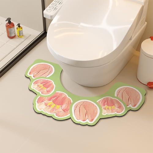 PEIHUODAN Wc Vorleger Mit Ausschnitt Kieselalgenschlamm Material Wc Vorleger Wasserabsorbierend Schnelltrocknend rutschfest Blumen Drucke Waschbar Badezimmer Teppich Toiletten Mat (grün 2,55x35cm) von PEIHUODAN