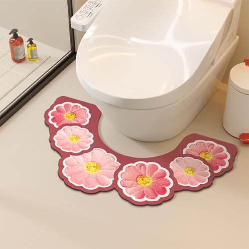 PEIHUODAN Wc Vorleger Mit Ausschnitt Kieselalgenschlamm Material Wc Vorleger Wasserabsorbierend Schnelltrocknend rutschfest Blumen Drucke Waschbar Badezimmer Teppich Toiletten Mat (rot,55x35cm) von PEIHUODAN