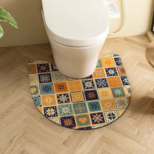 PEIHUODAN Wc Vorleger Mit Ausschnitt Kieselalgenschlamm Material Wc Vorleger rutschfest Böhmischer Blumen Drucke Retro Ethno Stil Waschbar Badezimmer Teppich Toiletten Mat (Farbe 13,60x90cm) von PEIHUODAN