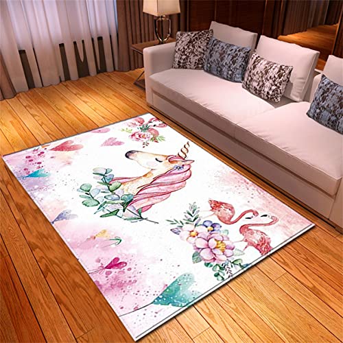 Teppich Einhorn 3D Rainbow Horse Print Kinderteppich Spiel Bodenmatte rutschfest Junge Mädchen Teppich Wohnzimmer Schlafzimmer Schwarz Grau Rosa Blumen Einhorn Fußabtreter (Farbe1,160 x 200 cm) von PEIHUODAN