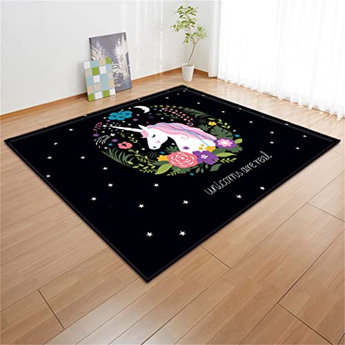 Teppich Einhorn 3D Rainbow Horse Print Kinderteppich Spiel Bodenmatte rutschfest Junge Mädchen Teppich Wohnzimmer Schlafzimmer Schwarz Grau Rosa Blumen Einhorn Fußabtreter (Farbe2,45 x 120 cm) von PEIHUODAN