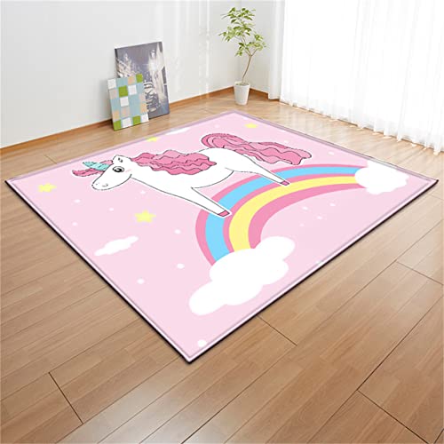Teppich Einhorn 3D Rainbow Horse Print Kinderteppich Spiel Bodenmatte rutschfest Junge Mädchen Teppich Wohnzimmer Schlafzimmer Schwarz Grau Rosa Blumen Einhorn Fußabtreter (Farbe4,80 x 120 cm) von PEIHUODAN