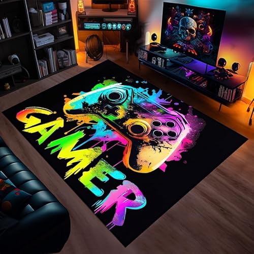 Teppich Gaming Jugendzimmer Gamer 3D Coole Gaming Deco Zimmer Jungen Teppich Salon Moderne Anti-Rutsch Stil Hip Hop Farbig Graffiti Konsole Animierte Spiel Flanell Weich Carpets (Motive 2,100x160cm) von PEIHUODAN