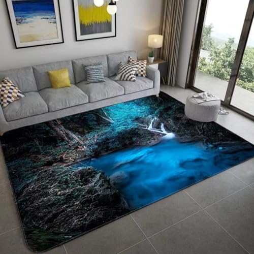 Teppich Natürlicher Landschaft Grün Wald Wasserfall Felsen 3D Flanellteppich Modern Dekor Rutschfest Waschbar, Geeignet Für Wohnzimmer Schlafzimmer Arbeitszimmer Badezimmer (Color 5,100x200 cm) von PEIHUODAN
