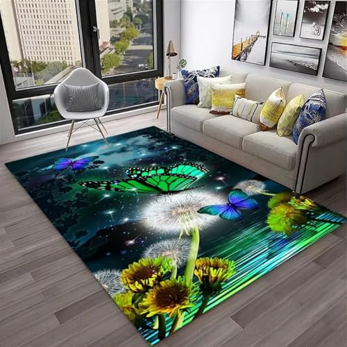 Teppich für Mädchenzimmer Deko Traumhaft Lila Blau Schmetterling Blumen Modern Flanellteppich Geeignet für Wohnzimmer Schlafzimmer Schlafsaal Rutschfest Waschbar Fußmatten (Color 5,160x200 cm) von PEIHUODAN