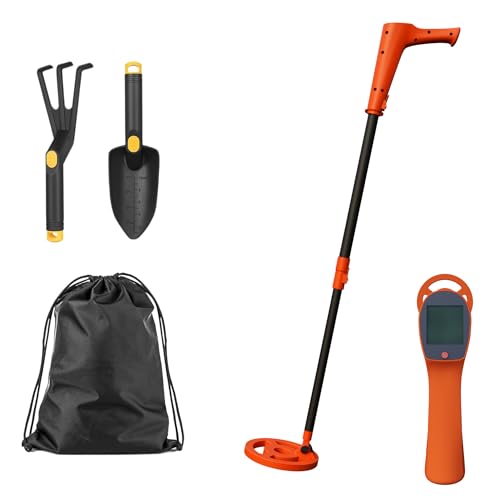 PEILU Kinder Metalldetektoren Outdoor Metall Detektor Set inkl. Plastikschaufel, Grabkralle & Tragtasche Profi Garten Metallsuchgerät mit LCD-Display, Wasserdicht Suchspule & Lang Handgriff (Orange) von PEILU