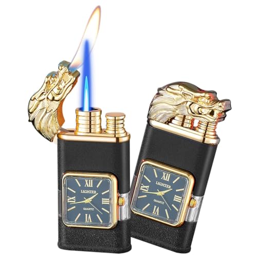 Fackelfeuerzeug, magisches Doppelflammen-Drachenfeuerzeug mit Einstellwerkzeug, winddichtes Feuerzeug mit sichtbarem Brennstofffenster, nachfüllbares Butanfeuerzeug mit Einstellbarer Flamme (Color : von PEIXEN