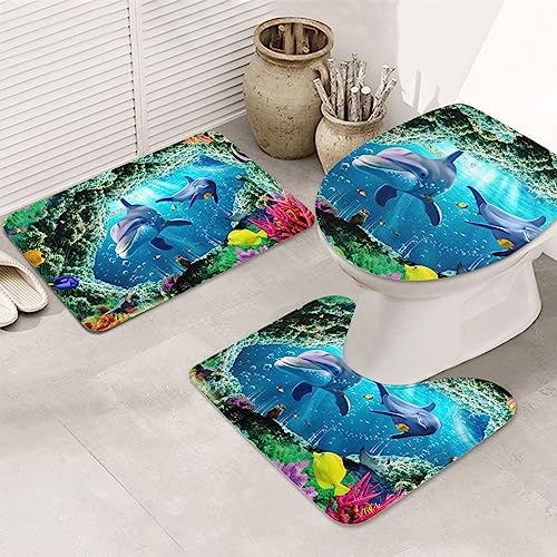 Ocean Underwater Delphin Fish Badezimmer Teppiche Sets 3-teilig, rutschfeste saugfähige Badematten Flanell Mikrofaser Badteppich Waschbar Toilettenteppich Teppich von PEIXEN