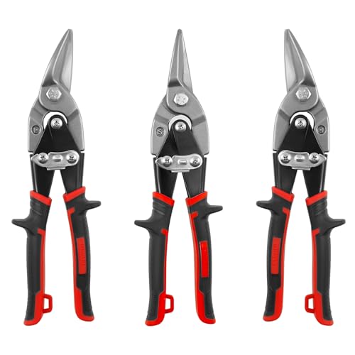3 Stück Blechscheren Set (Gerader + Links + Rechts) 250mm Trockenbau Blechschere mit Doppelhebel, Sicherheitsverriegelung Metall Schneidwerkzeug für Blech, Aluminium, Leder, Kupfer von PEIZHIYC