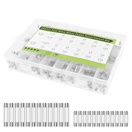 360PCS 24 Werte Glassicherungen Sortiment 6x30mm (0.63 1 2 3 4 5 7 8 10 15 20 25A), 5x20mm (0.5 1 2 3 4 5 6.3 7 8 10 15 20A) Feinsicherungen Glasrohrsicherung Set mit Kunststoffbox von PEIZHIYC