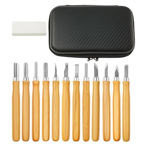 Holzschnitzset, 12 in 1 Holzschnitzwerkzeug Set Profi mit 12xTranchiermesser 1xWetzstein 1xAufbewahrungstasche Holz Schnitzmesser DIY Schnitzset für Anfänger Erwachsene Kinder von PEIZHIYC