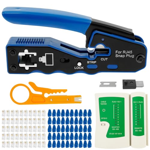 Netzwerk Werkzeug Set Rj45 Crimpzange mit Schneid-, Abisolier- und Crimpfunktionen, Ethernet Kabel Crimp Set mit Netzwerktester, 50 Stecker, 2 Ersatzklingen von PEIZHIYC