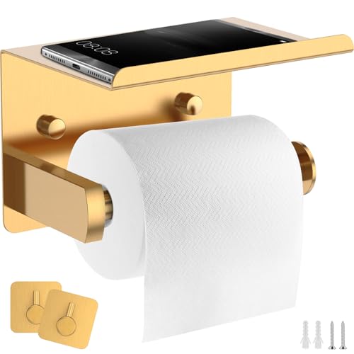 Toilettenpapierhalter mit Ablage, Edelstahl Toilettenrollenhalter Wand Klopapierhalter mit 2 Selbstklebende Handtuchhaken Multifunktionaler WC Papier Halterung für Badzimmer (Gold) von PEIZHIYC