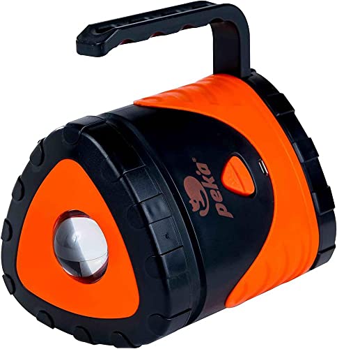 LED Taschenlampe fürs Camping | 10W und 150 lm | 4 Intensitäten und 6 RGB-Farben | 6 bis 8 Stunden Betriebsdauer | Wiederaufladbare Taschenlampe mit 2000 mAh Lithium-Akku und 3 Batterien | Peka CL005 von PEKA