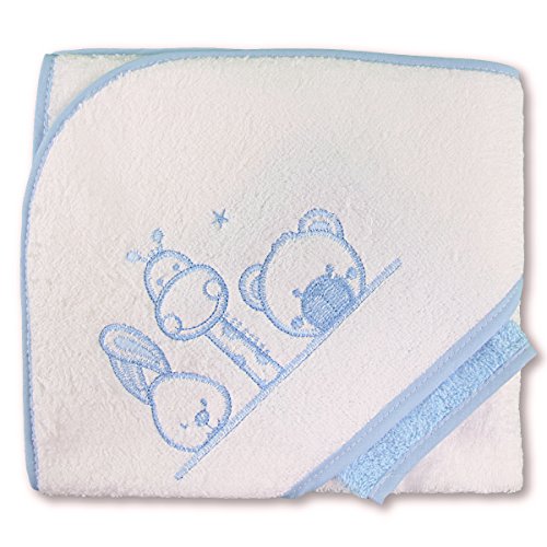 PEKITAS Baby-Badetuch mit Kapuze und Waschlappen, 75 x 75 cm, 90 % Baumwolle, 10 % Polyester, bestickt, hergestellt in Portugal von PEKITAS