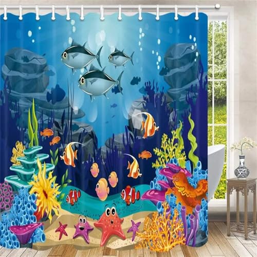 Blaue Duschvorhänge unter dem Meer, Tropische Schildkröte, für Zuhause, Badewannendekoration, Kinder-Badezimmervorhang-Set mit Haken, 80388J, 120 x 180 cm, 47 x 70 Zoll von PEKMAR