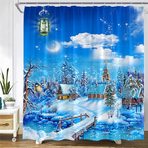 PEKMAR Duschvorhänge mit Skimotiven, Seilbahn auf einem Skigebiet mit Tannenwald in verschneiten Bergen, Stoff-Badevorhang-Set, 207CY, 180 x 200 cm, 70 x 78 Zoll von PEKMAR